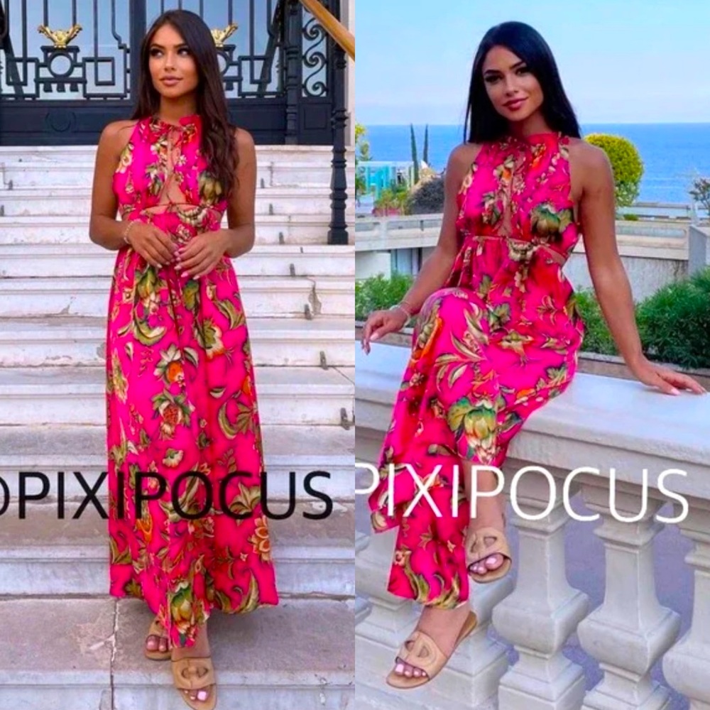Zara Hawaiian Print CUT OUT Satin Flowy Wide Leg JUMPSUIT Halter Pink Multi NEW